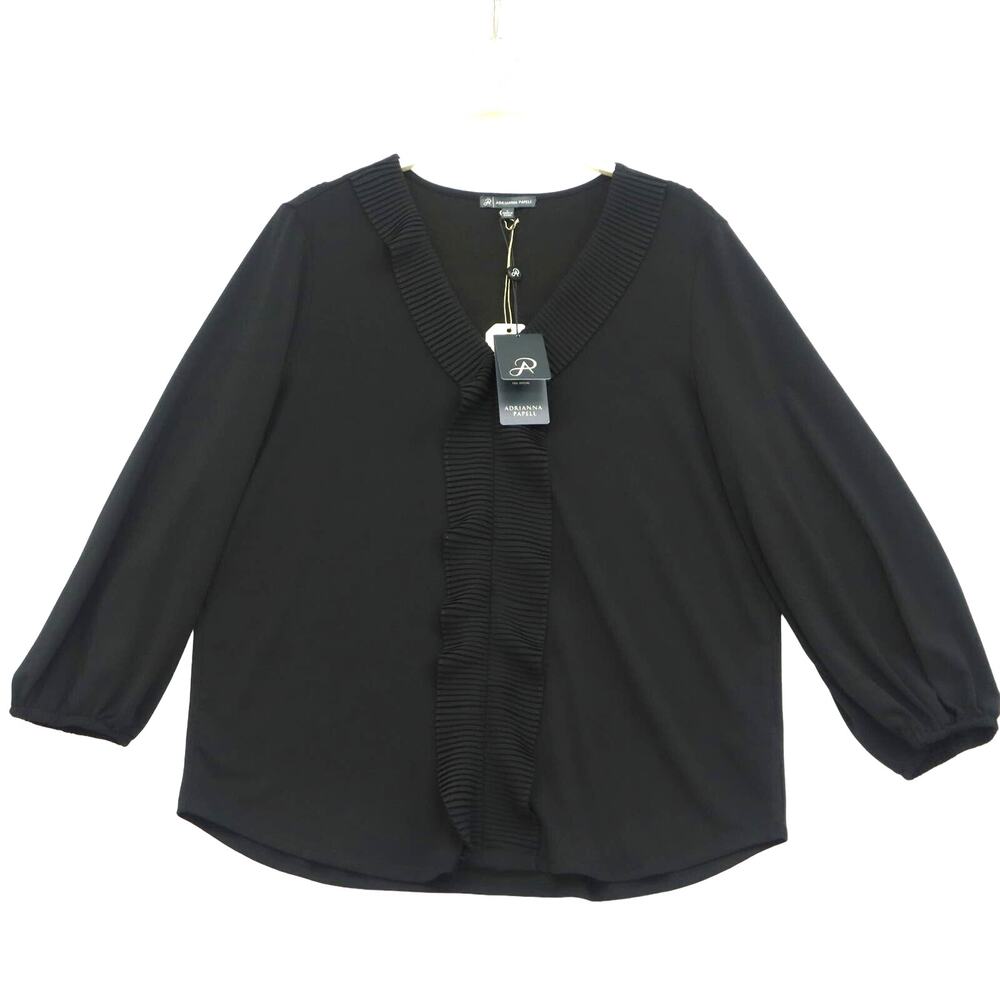 NWT Adrianna Papell Pleated Ruffle Top L Black Stretch Slinky V-Neck Work Office